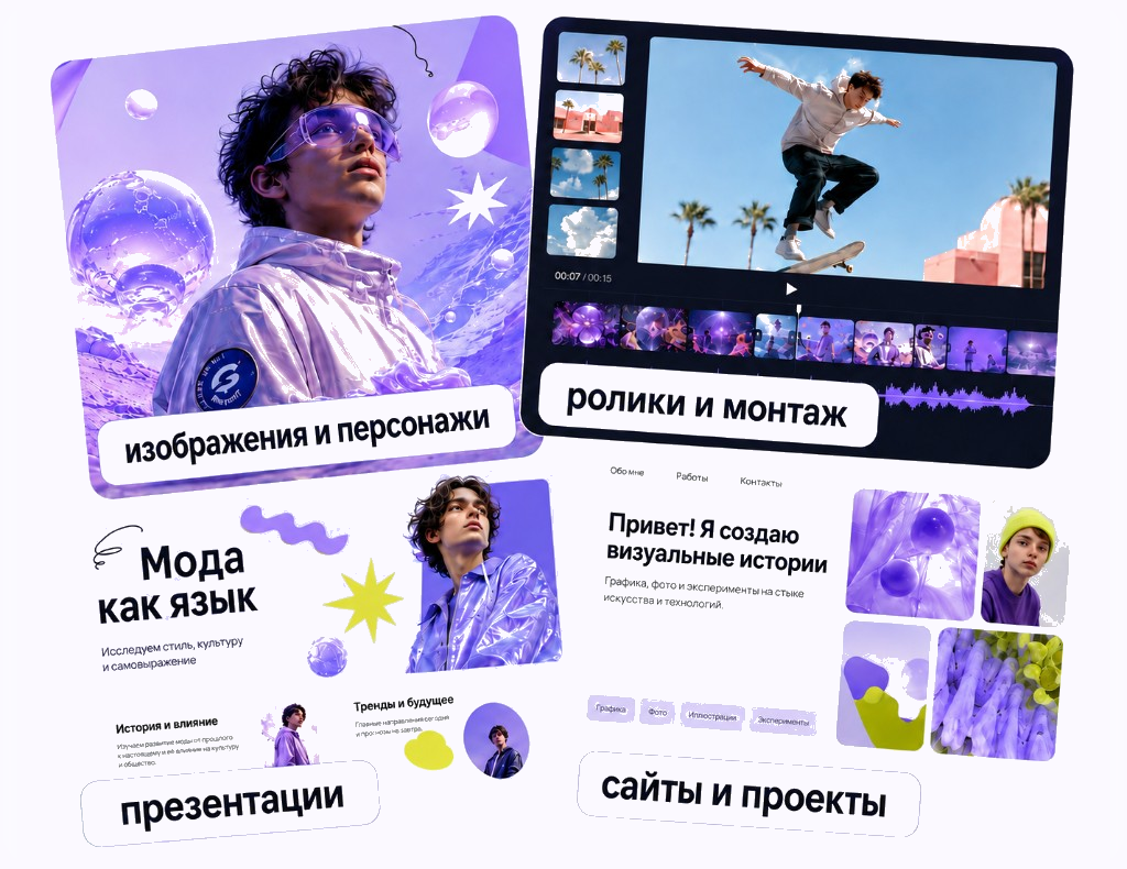Примеры проектов: изображения и персонажи, ролики и монтаж, презентации, сайты и проекты